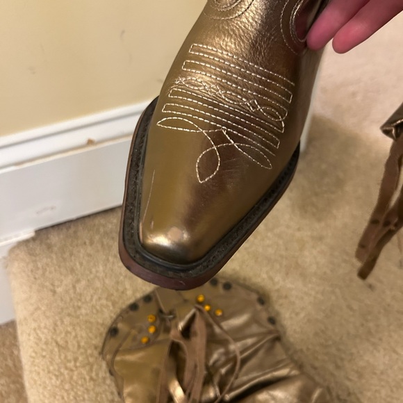 Steve Madden leather metallic gold stud detail slouch fringe cowgirl boots - Picture 11 of 13